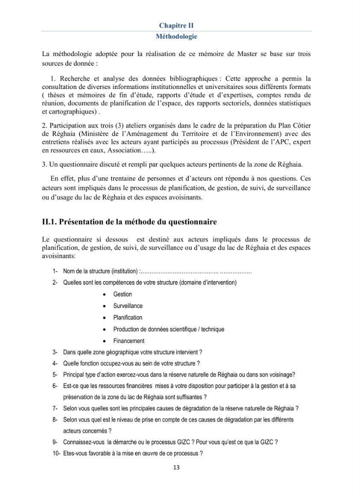 Enquête - diagnostic sur les enjeux GIZC autour du lac de Réghaia