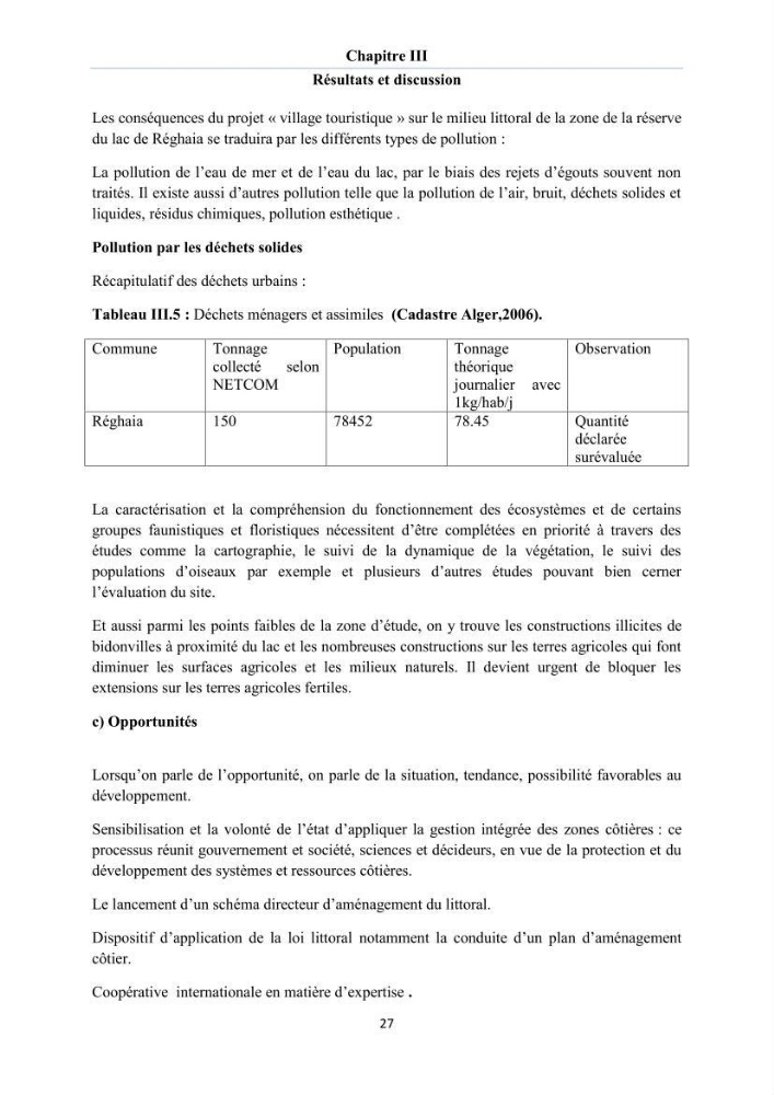 Enquête - diagnostic sur les enjeux GIZC autour du lac de Réghaia