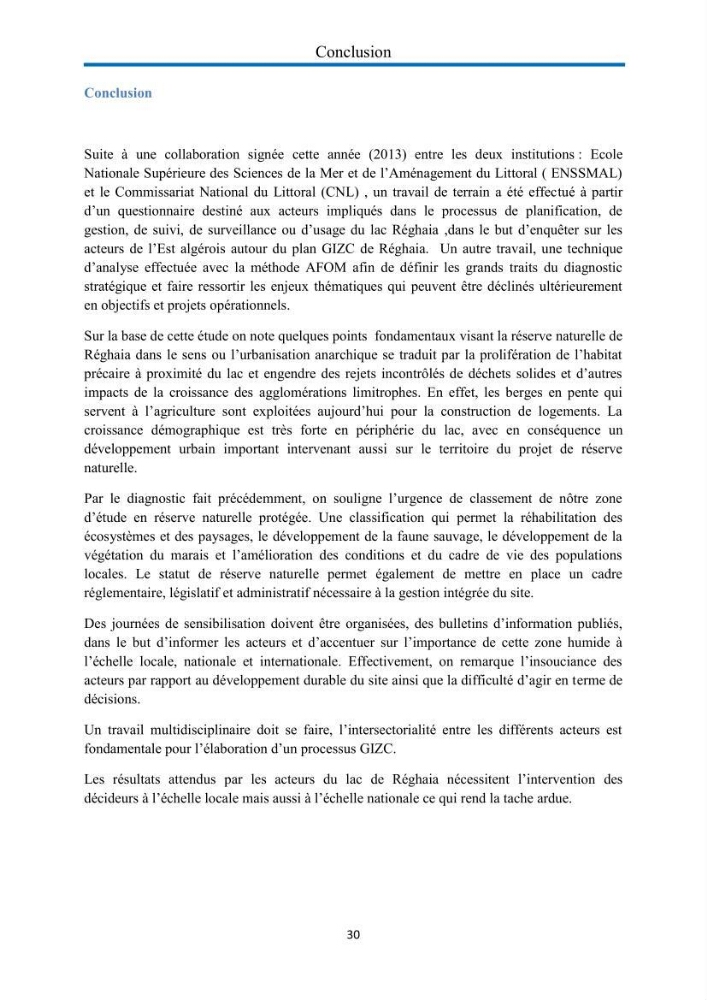 Enquête - diagnostic sur les enjeux GIZC autour du lac de Réghaia