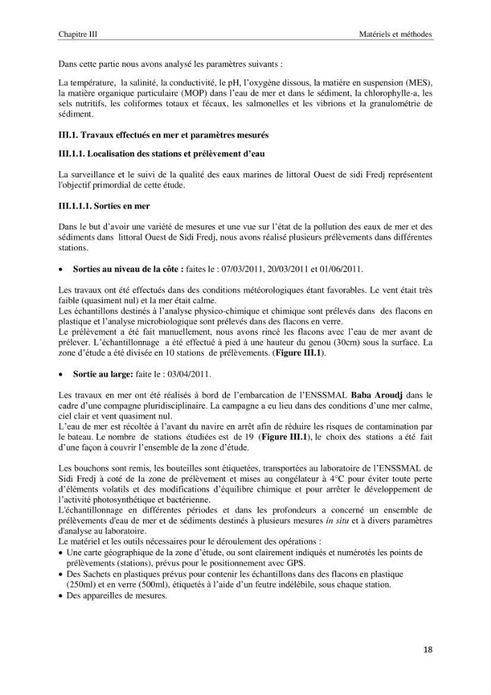 Diagnostic et paramètre environnementaux du littoral ouest de Sidi Fredj