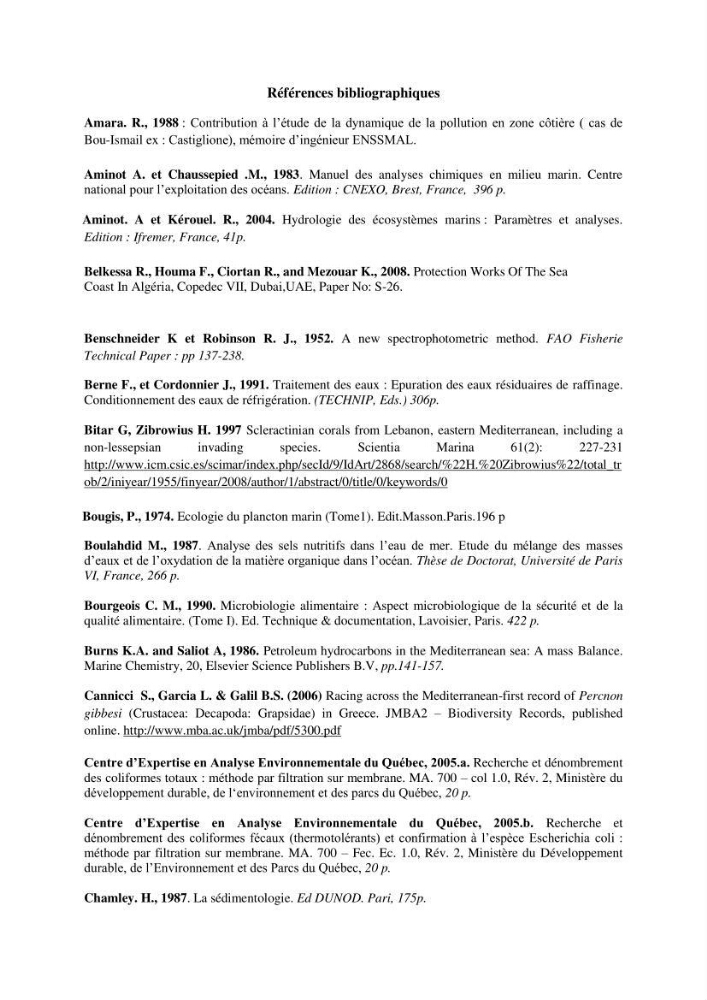Diagnostic et paramètre environnementaux du littoral ouest de Sidi Fredj