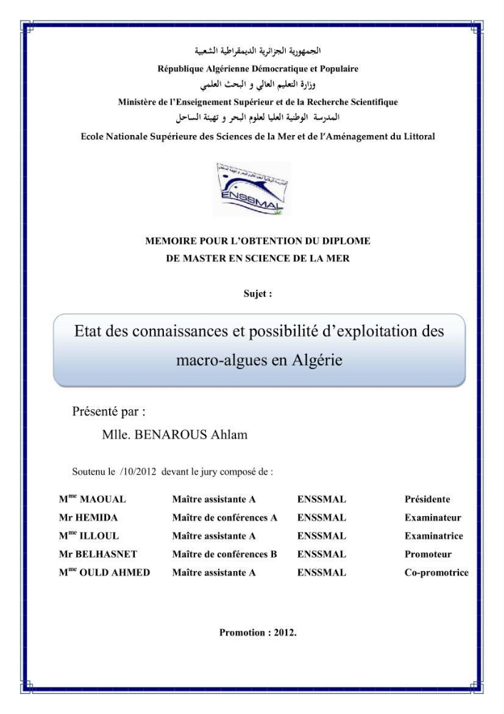 Etat des connaissances et possibilité d\'exploitation des macro-algues en Algerie