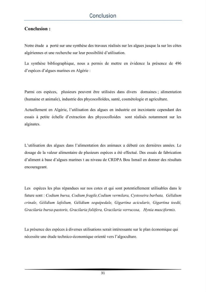 Etat des connaissances et possibilité d\'exploitation des macro-algues en Algerie