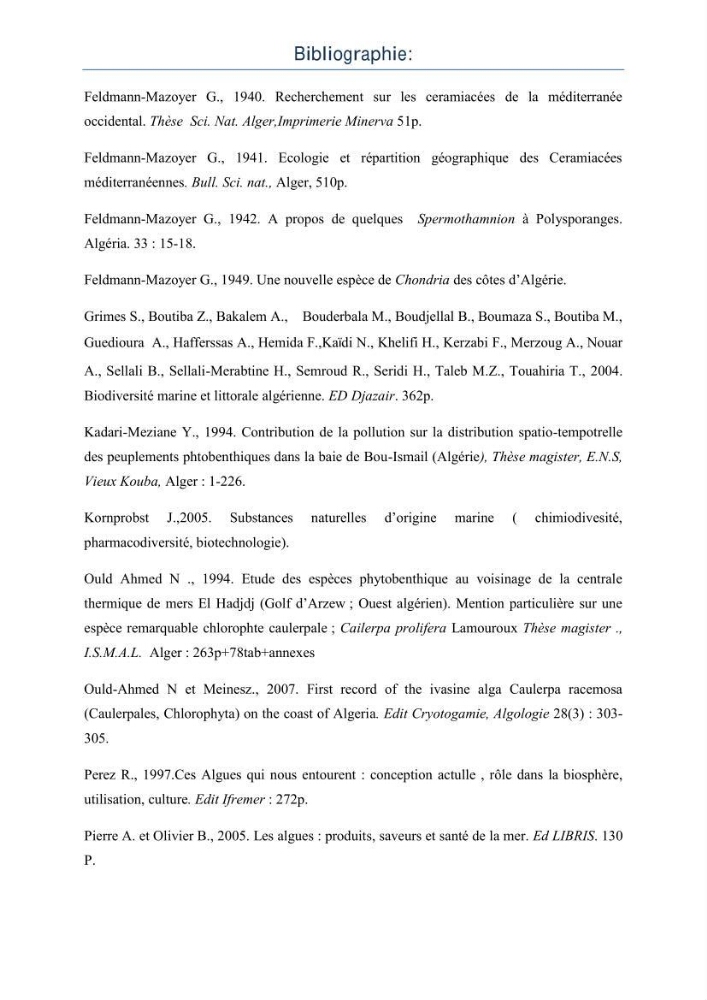 Etat des connaissances et possibilité d\'exploitation des macro-algues en Algerie