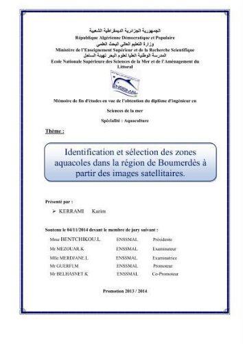 Identification et selection des zones aquacoles dans la region de Boumerdès à partir des images satellitaires.: Identification et selection des zones aquacoles dans la region de Boumerdès à partir des images satellitaires.: