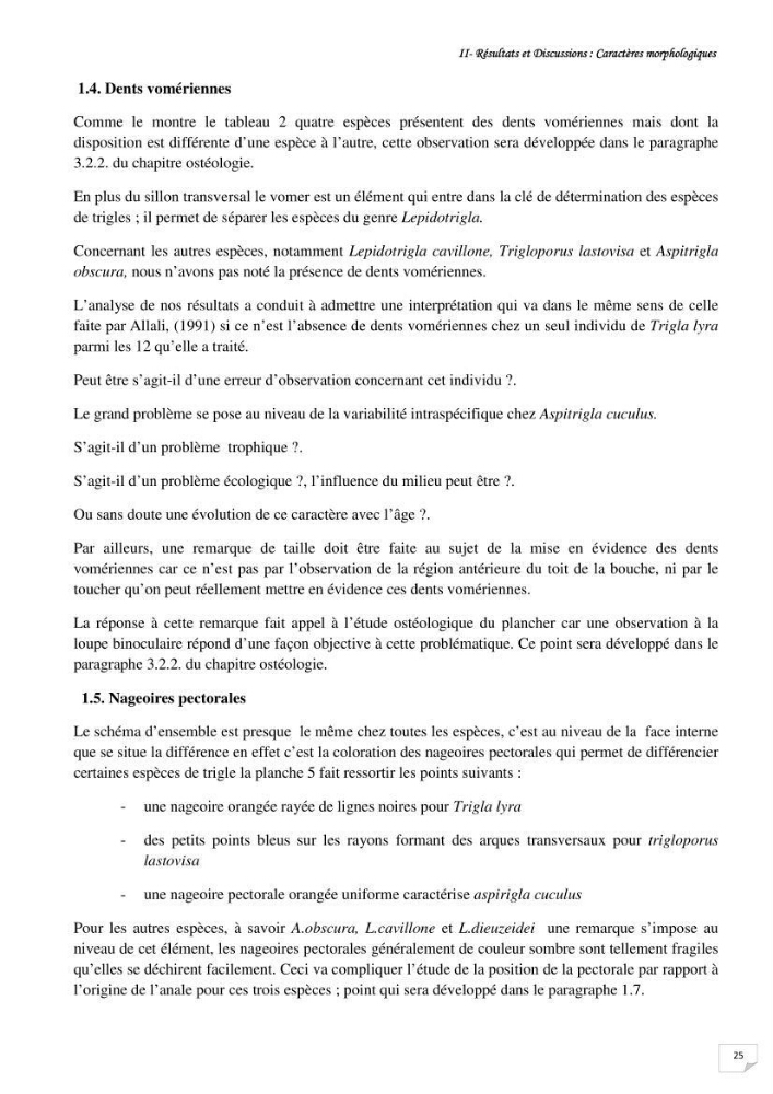 Contribution à la systématique des Triglidae (Osteichthyens, Scrpaeniformes) du bassin Algérien: