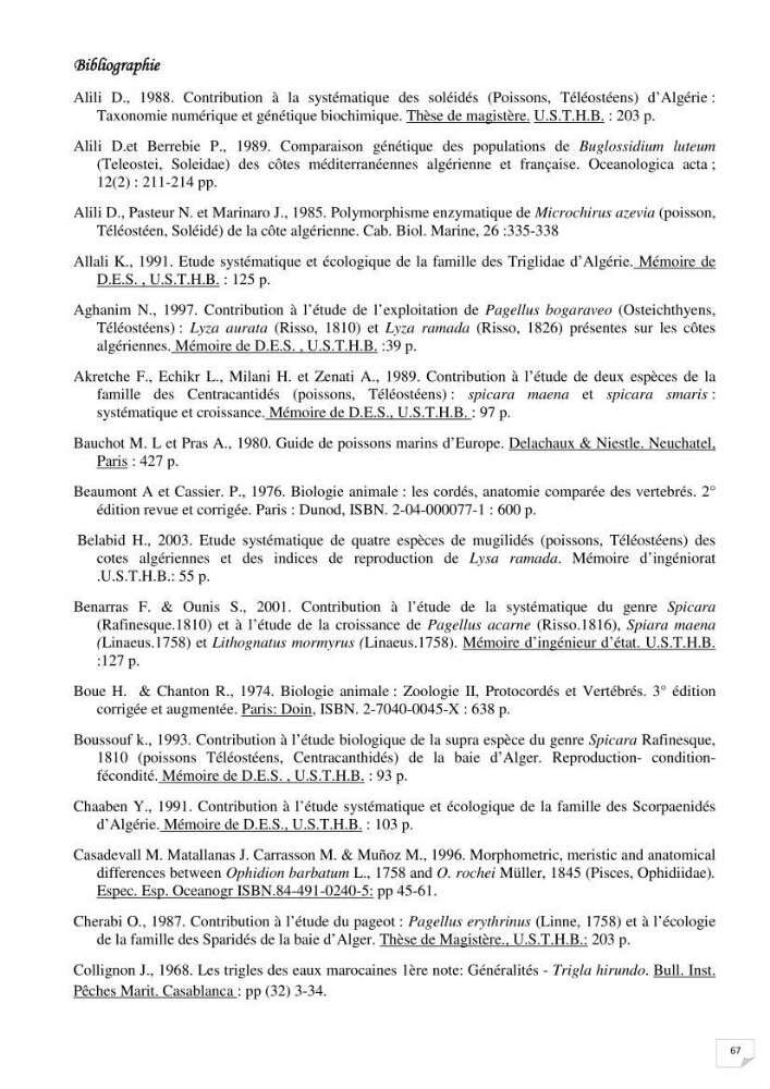 Contribution à la systématique des Triglidae (Osteichthyens, Scrpaeniformes) du bassin Algérien: