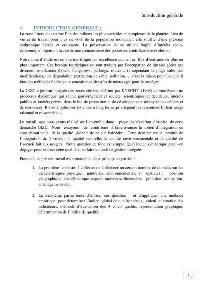 L\'ensemble dune-plage dans l\'Ouest du Mazafran : approche de sa gestion intégrée par la qualité du site