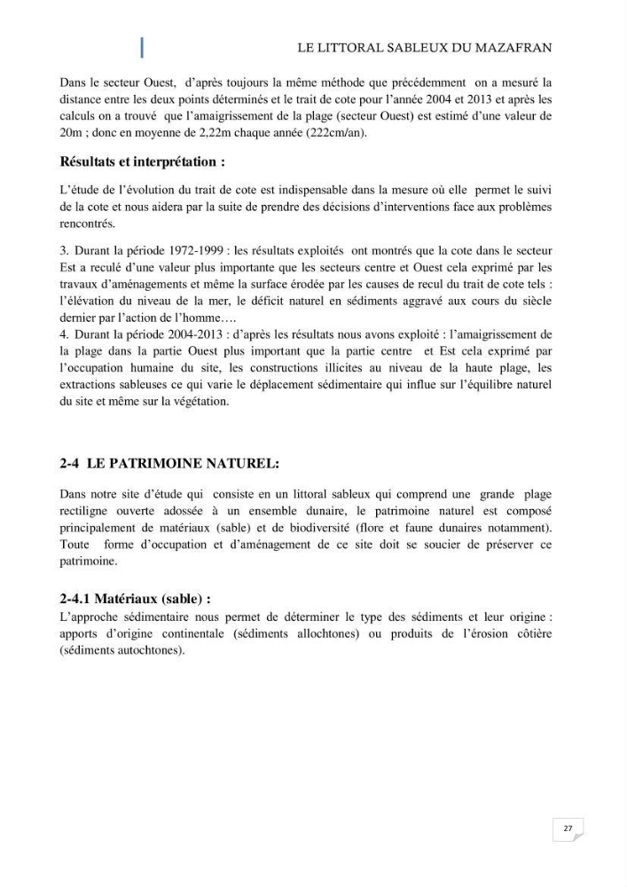L\'ensemble dune-plage dans l\'Ouest du Mazafran : approche de sa gestion intégrée par la qualité du site