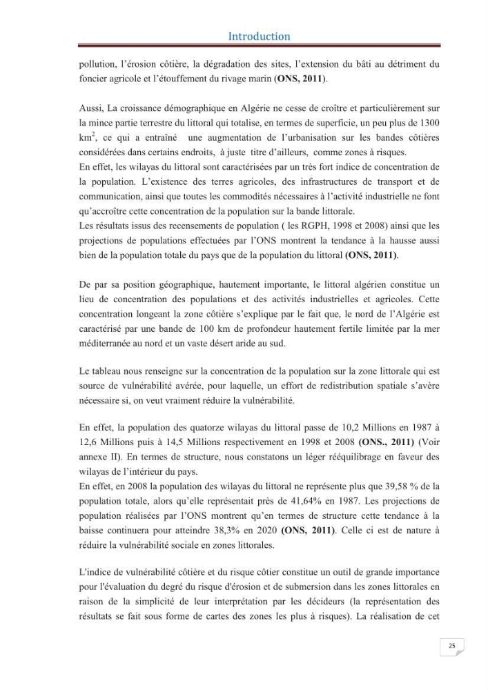 Indice de vulnérabilité et de risque côtier pour l\'évaluation du risque d\'érosin et de submerstion dans le littoral centre Algérien (cas de la baie de Bouismal )