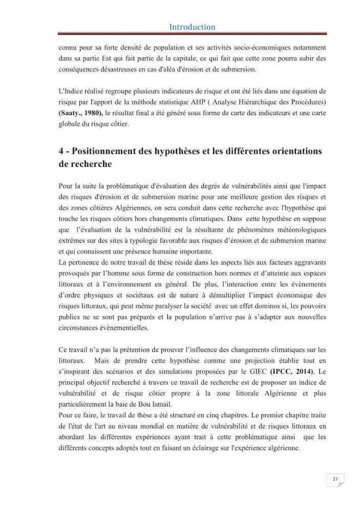 Indice de vulnérabilité et de risque côtier pour l\'évaluation du risque d\'érosin et de submerstion dans le littoral centre Algérien (cas de la baie de Bouismal )