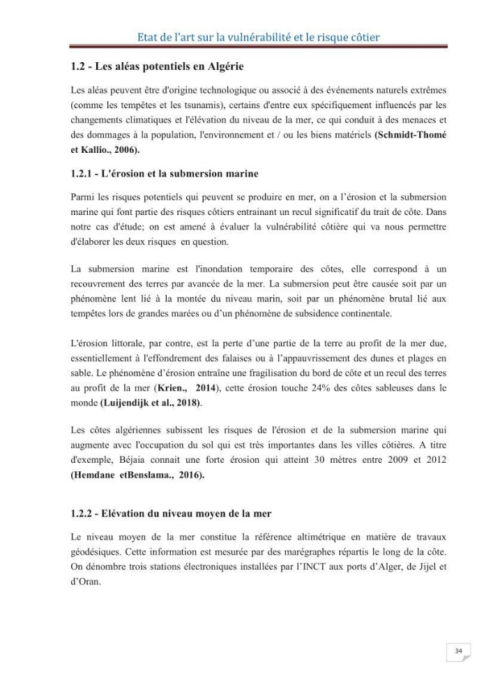 Indice de vulnérabilité et de risque côtier pour l\'évaluation du risque d\'érosin et de submerstion dans le littoral centre Algérien (cas de la baie de Bouismal )