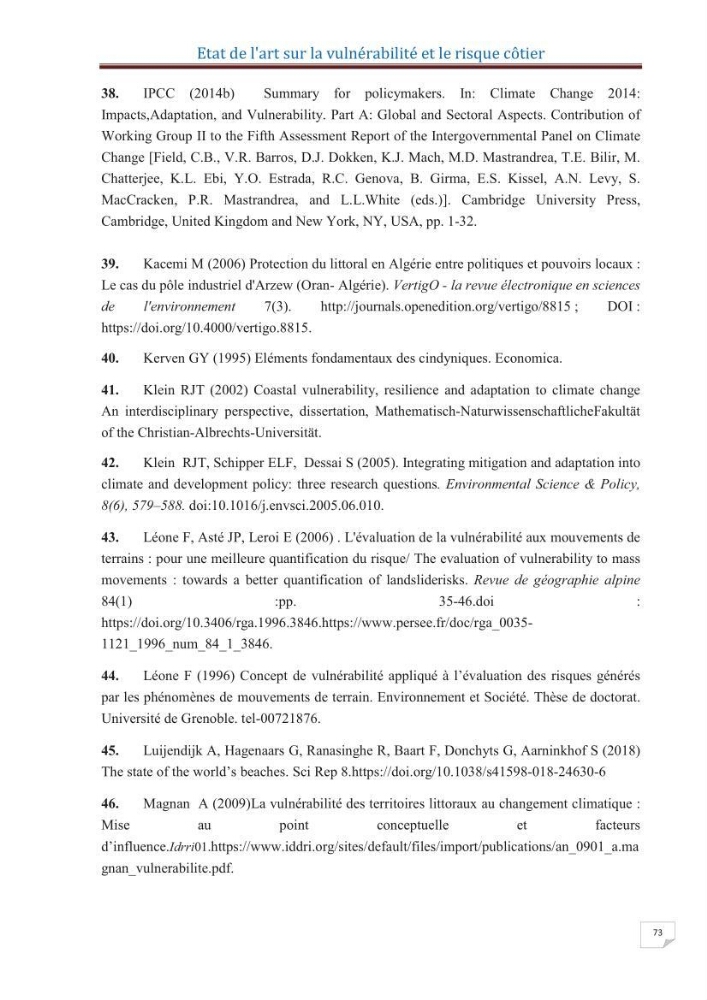 Indice de vulnérabilité et de risque côtier pour l\'évaluation du risque d\'érosin et de submerstion dans le littoral centre Algérien (cas de la baie de Bouismal )