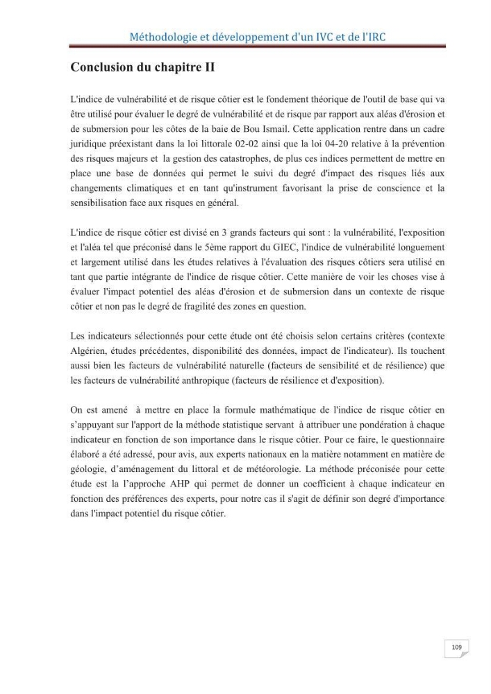 Indice de vulnérabilité et de risque côtier pour l\'évaluation du risque d\'érosin et de submerstion dans le littoral centre Algérien (cas de la baie de Bouismal )