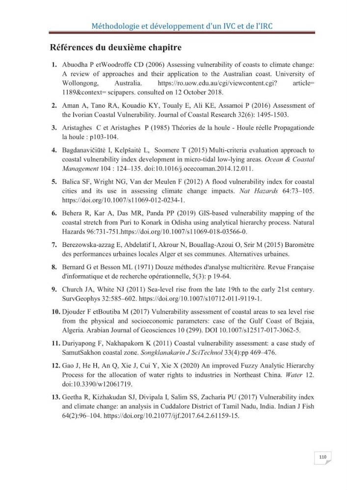 Indice de vulnérabilité et de risque côtier pour l\'évaluation du risque d\'érosin et de submerstion dans le littoral centre Algérien (cas de la baie de Bouismal )