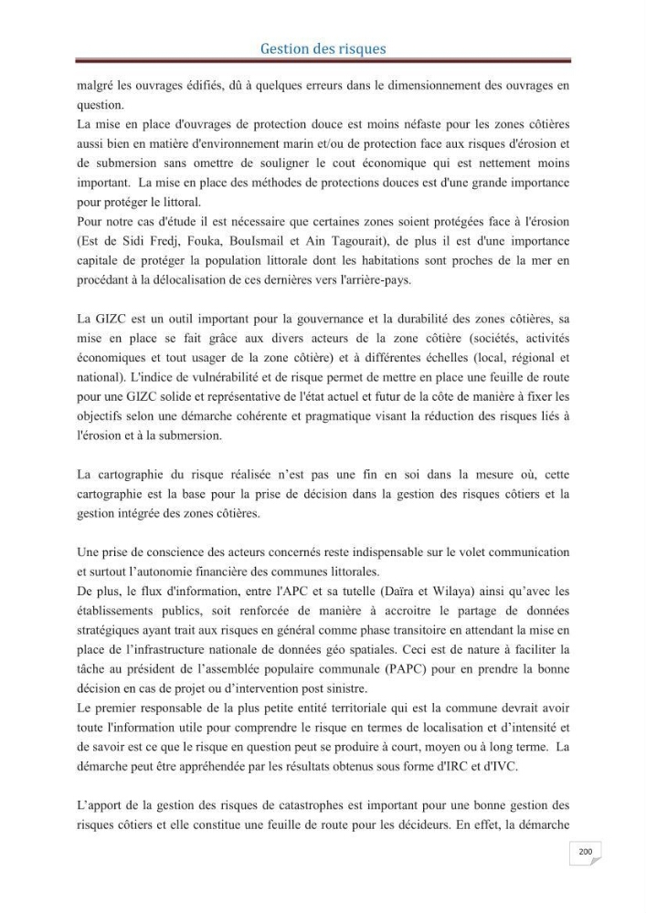Indice de vulnérabilité et de risque côtier pour l\'évaluation du risque d\'érosin et de submerstion dans le littoral centre Algérien (cas de la baie de Bouismal )