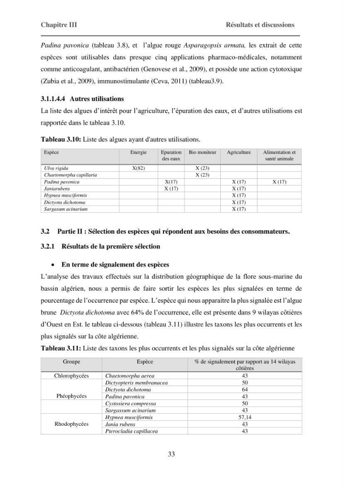 Inventaire préliminaire et caractérisation d’un échantillon d’espèces d’algues marines d’intérêt biotechnologique en Algérie.: