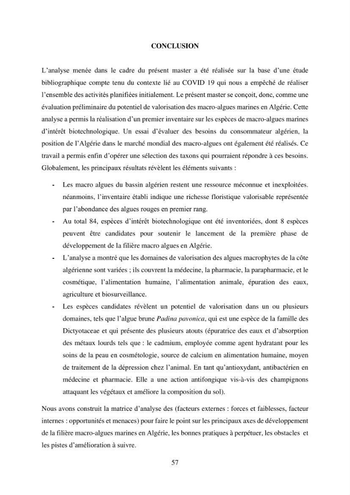 Inventaire préliminaire et caractérisation d’un échantillon d’espèces d’algues marines d’intérêt biotechnologique en Algérie.: