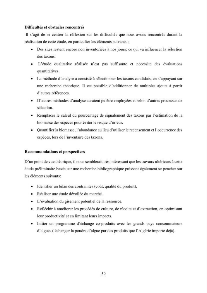 Inventaire préliminaire et caractérisation d’un échantillon d’espèces d’algues marines d’intérêt biotechnologique en Algérie.: