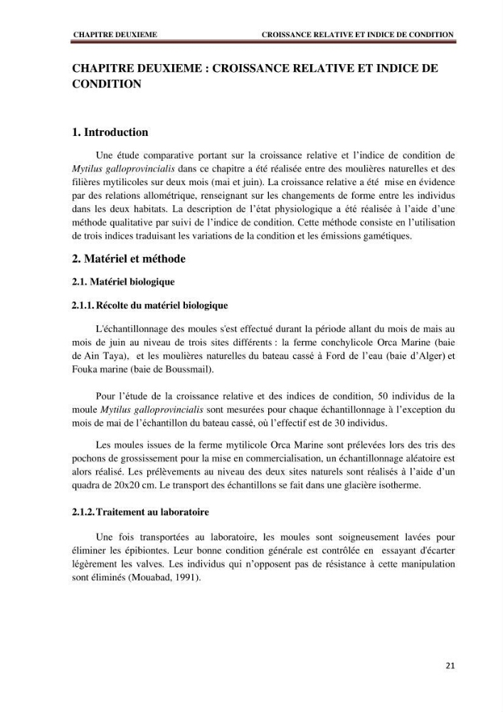 Quelques indices biologiques de Mytilus galloprovincialis (Lamarck, 1819), mollusque bivalve à potentialité mytilicole