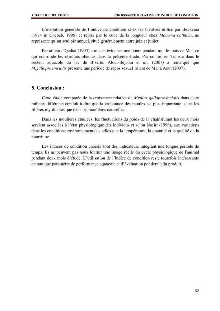 Quelques indices biologiques de Mytilus galloprovincialis (Lamarck, 1819), mollusque bivalve à potentialité mytilicole