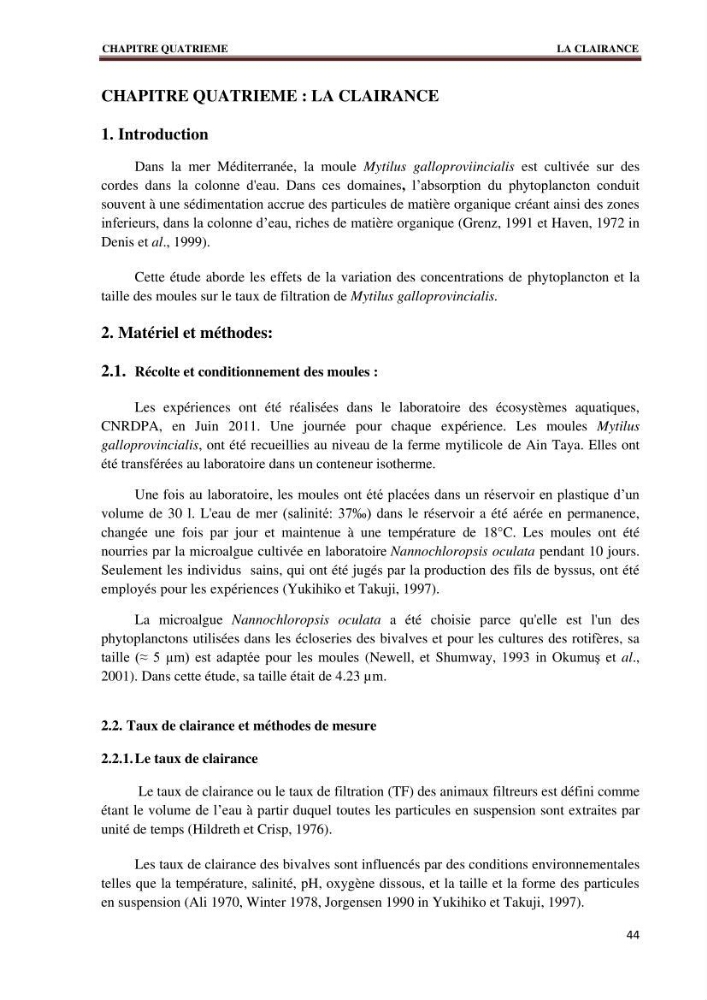 Quelques indices biologiques de Mytilus galloprovincialis (Lamarck, 1819), mollusque bivalve à potentialité mytilicole