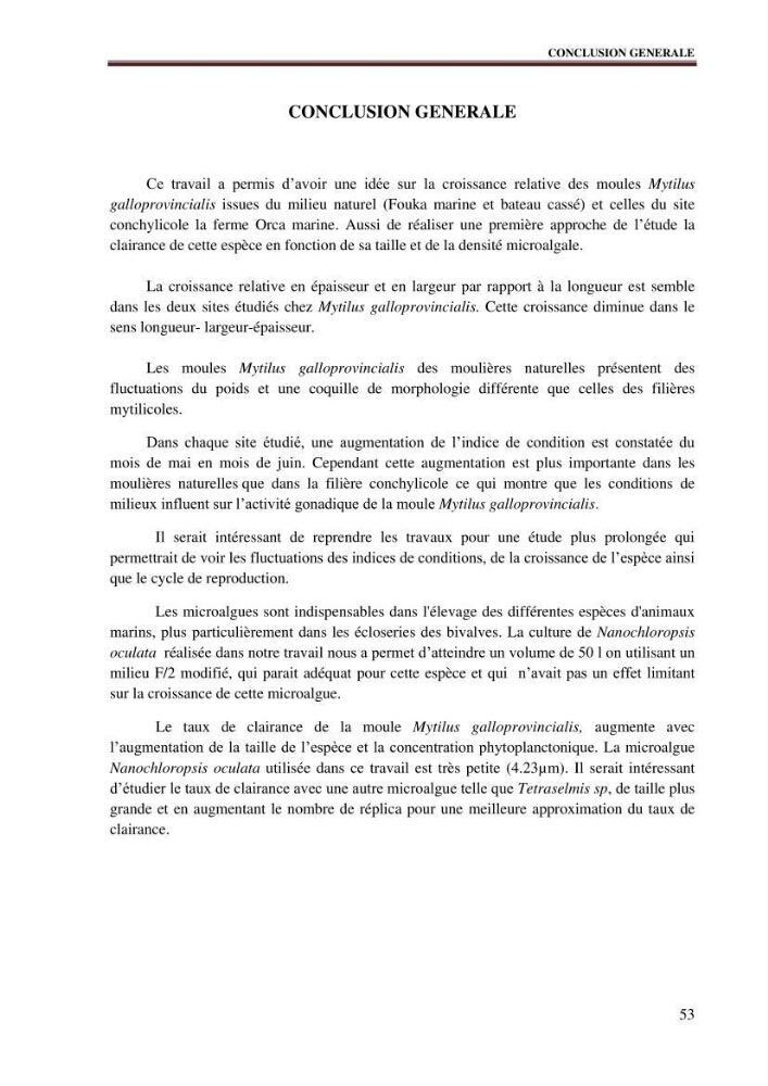 Quelques indices biologiques de Mytilus galloprovincialis (Lamarck, 1819), mollusque bivalve à potentialité mytilicole