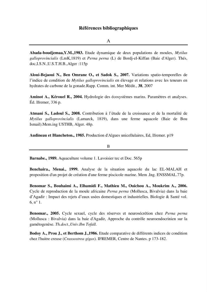 Quelques indices biologiques de Mytilus galloprovincialis (Lamarck, 1819), mollusque bivalve à potentialité mytilicole