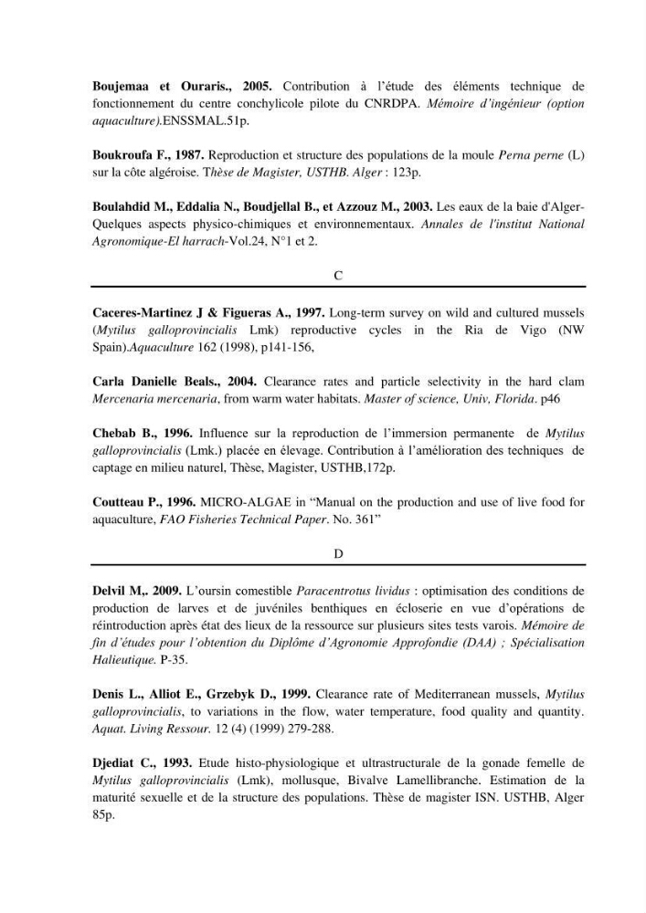 Quelques indices biologiques de Mytilus galloprovincialis (Lamarck, 1819), mollusque bivalve à potentialité mytilicole