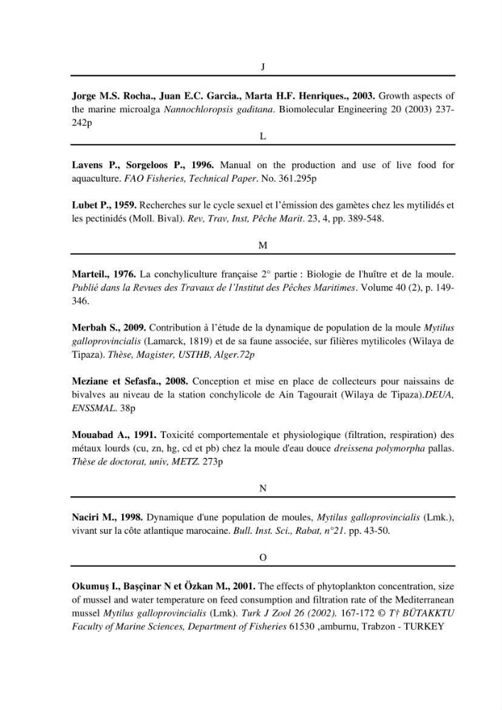 Quelques indices biologiques de Mytilus galloprovincialis (Lamarck, 1819), mollusque bivalve à potentialité mytilicole