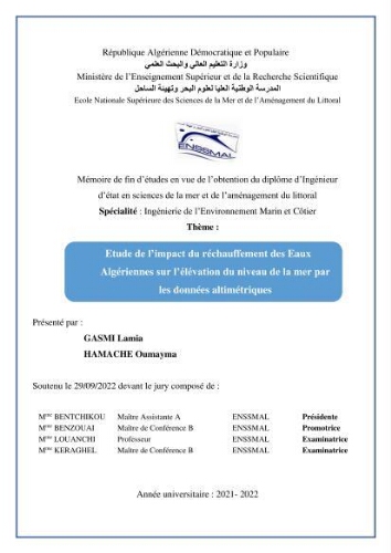 Etude de l’impact du réchauffement des Eaux Algériennes sur l’élévation du niveau de la mer par les données altimétriques Etude de l’impact du réchauffement des Eaux Algériennes sur l’élévation du niveau de la mer par les données altimétriques