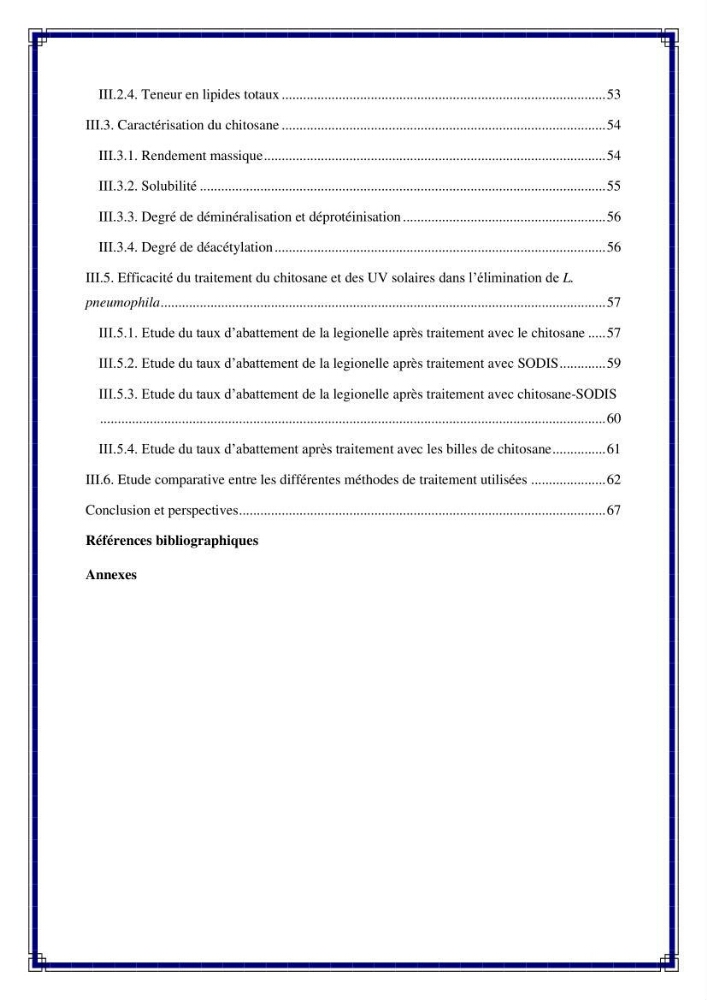 Valorisation biotechnologique des coproduits de crustacés: étude de l\'efficacité du traitement avec du chitosane de l\'irradiation UV dans l\'élimination de Légionella pneumophila