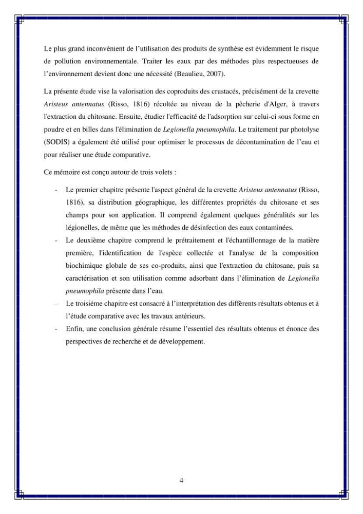 Valorisation biotechnologique des coproduits de crustacés: étude de l\'efficacité du traitement avec du chitosane de l\'irradiation UV dans l\'élimination de Légionella pneumophila