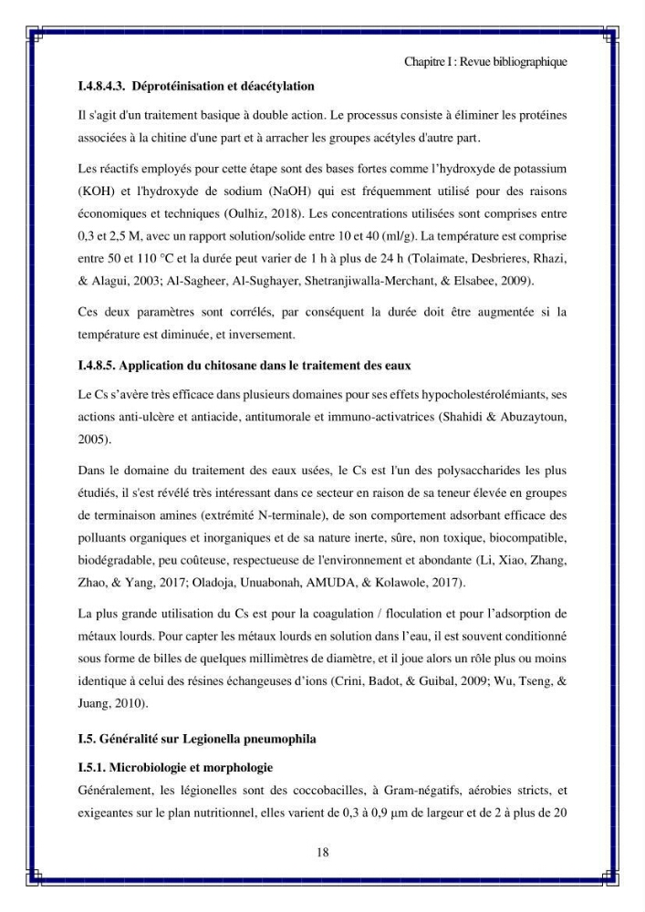 Valorisation biotechnologique des coproduits de crustacés: étude de l\'efficacité du traitement avec du chitosane de l\'irradiation UV dans l\'élimination de Légionella pneumophila
