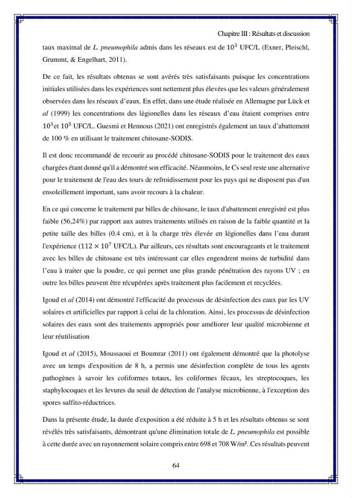 Valorisation biotechnologique des coproduits de crustacés: étude de l\'efficacité du traitement avec du chitosane de l\'irradiation UV dans l\'élimination de Légionella pneumophila