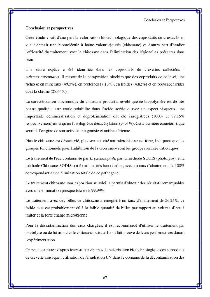 Valorisation biotechnologique des coproduits de crustacés: étude de l\'efficacité du traitement avec du chitosane de l\'irradiation UV dans l\'élimination de Légionella pneumophila