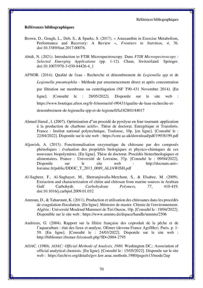 Valorisation biotechnologique des coproduits de crustacés: étude de l\'efficacité du traitement avec du chitosane de l\'irradiation UV dans l\'élimination de Légionella pneumophila