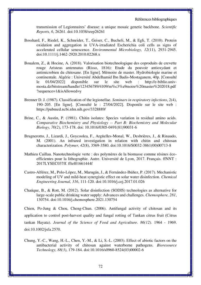 Valorisation biotechnologique des coproduits de crustacés: étude de l\'efficacité du traitement avec du chitosane de l\'irradiation UV dans l\'élimination de Légionella pneumophila