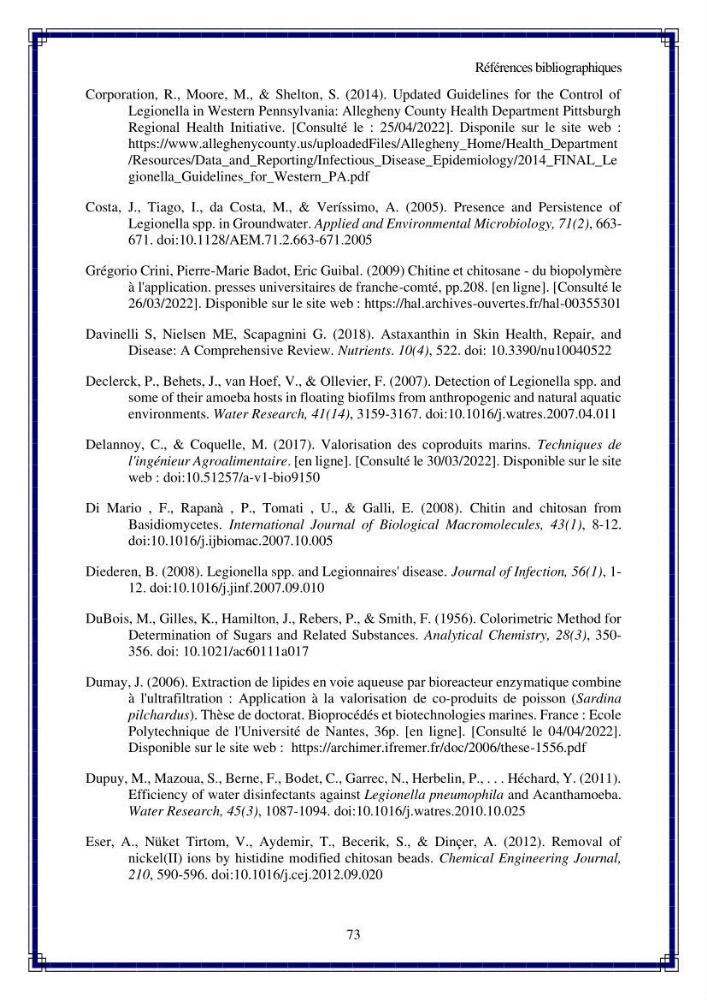 Valorisation biotechnologique des coproduits de crustacés: étude de l\'efficacité du traitement avec du chitosane de l\'irradiation UV dans l\'élimination de Légionella pneumophila