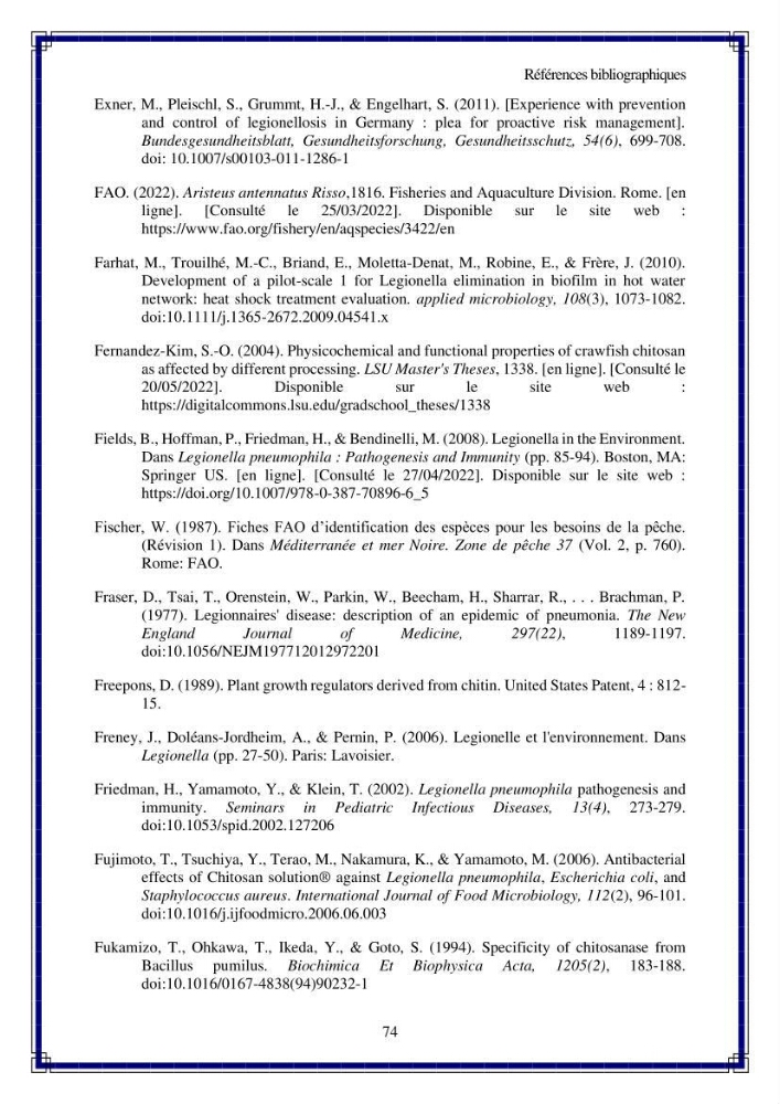 Valorisation biotechnologique des coproduits de crustacés: étude de l\'efficacité du traitement avec du chitosane de l\'irradiation UV dans l\'élimination de Légionella pneumophila