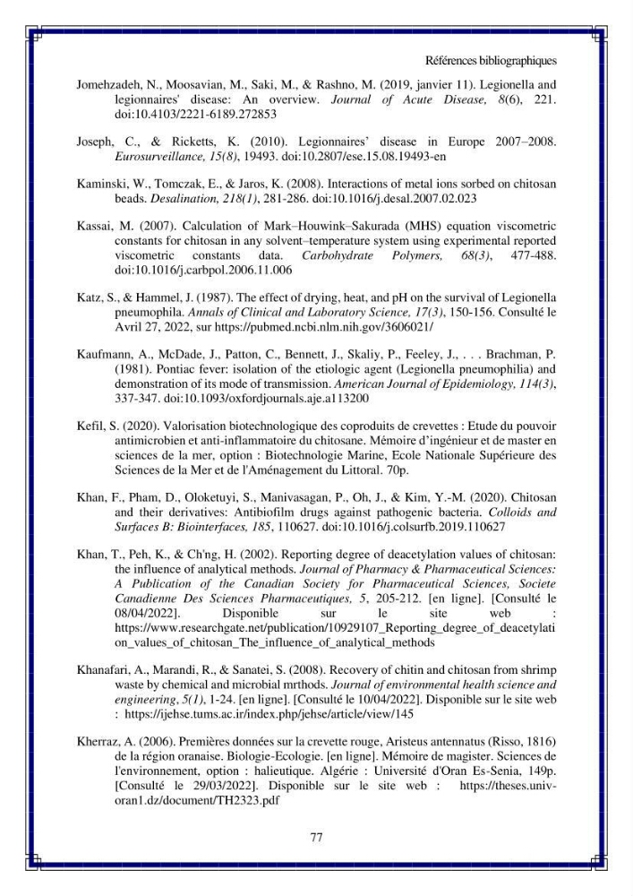 Valorisation biotechnologique des coproduits de crustacés: étude de l\'efficacité du traitement avec du chitosane de l\'irradiation UV dans l\'élimination de Légionella pneumophila