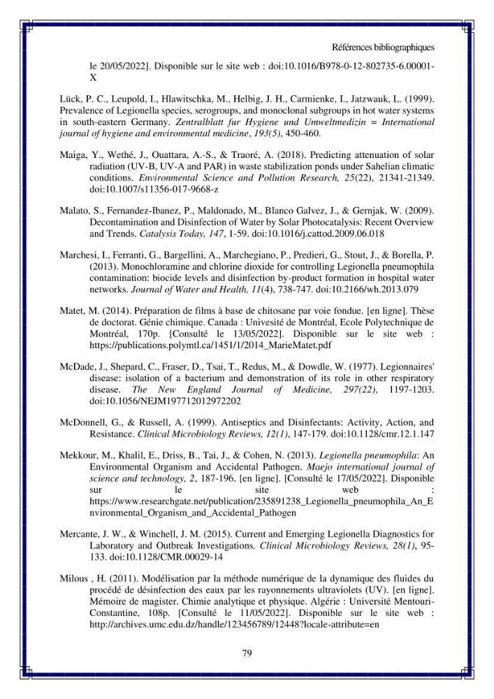 Valorisation biotechnologique des coproduits de crustacés: étude de l\'efficacité du traitement avec du chitosane de l\'irradiation UV dans l\'élimination de Légionella pneumophila