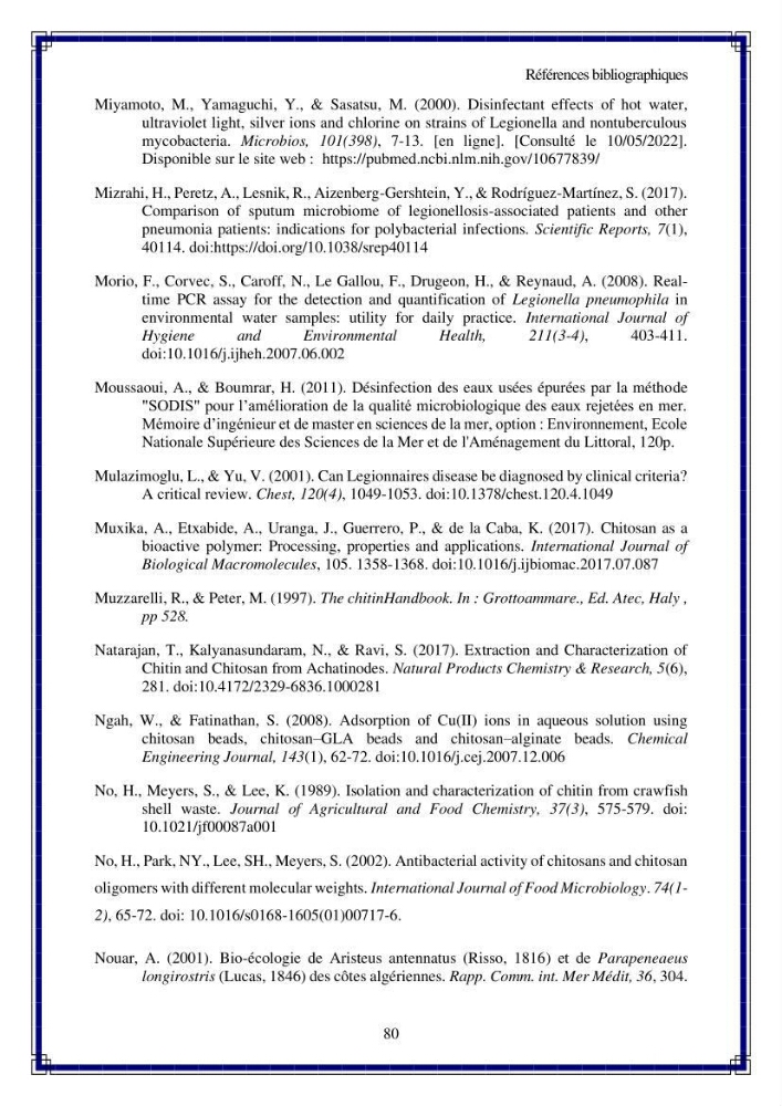 Valorisation biotechnologique des coproduits de crustacés: étude de l\'efficacité du traitement avec du chitosane de l\'irradiation UV dans l\'élimination de Légionella pneumophila
