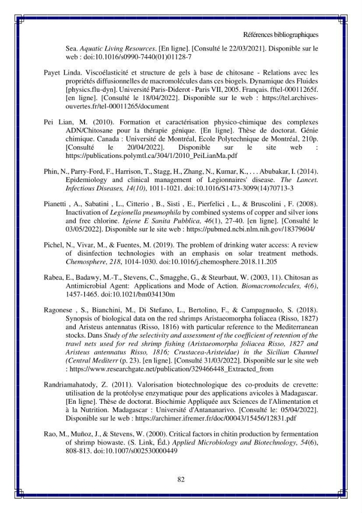 Valorisation biotechnologique des coproduits de crustacés: étude de l\'efficacité du traitement avec du chitosane de l\'irradiation UV dans l\'élimination de Légionella pneumophila