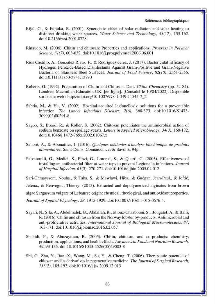 Valorisation biotechnologique des coproduits de crustacés: étude de l\'efficacité du traitement avec du chitosane de l\'irradiation UV dans l\'élimination de Légionella pneumophila