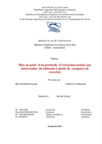Mise au point d'un protocole d'extraction assistée aux micro-ondes du chitosane à partir de carapaces de crevettes Mise au point d'un protocole d'extraction assistée aux micro-ondes du chitosane à partir de carapaces de crevettes