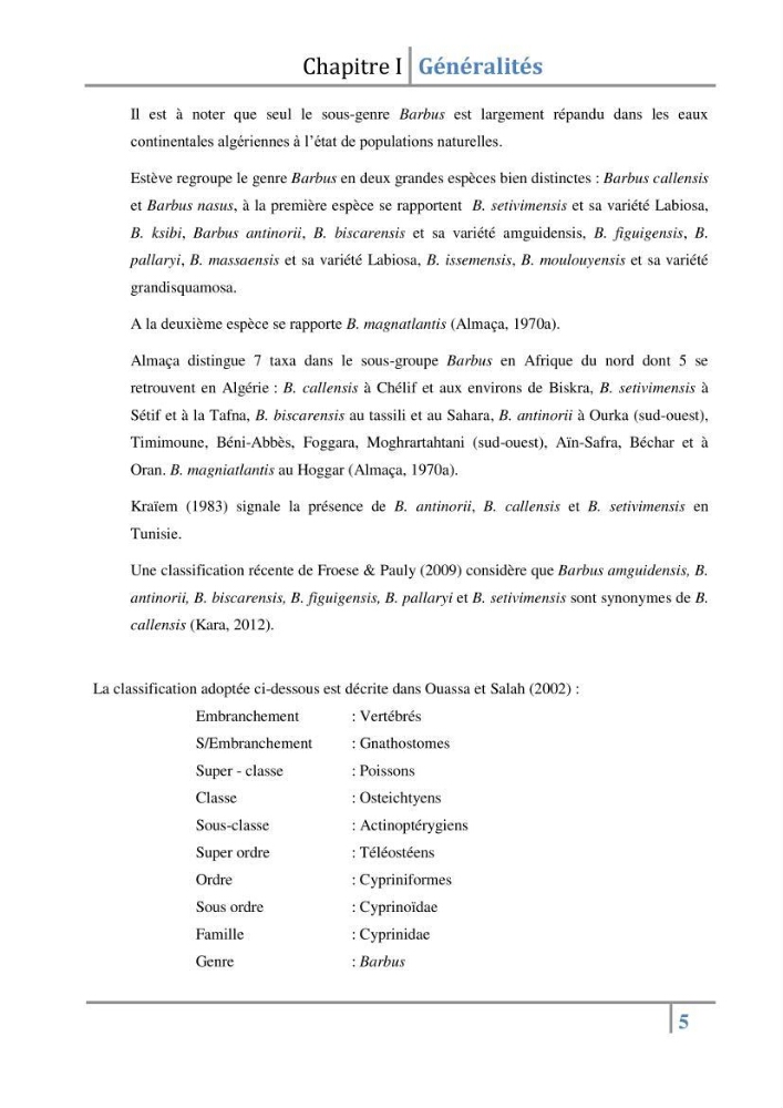 Le genre Barbus en Algérie