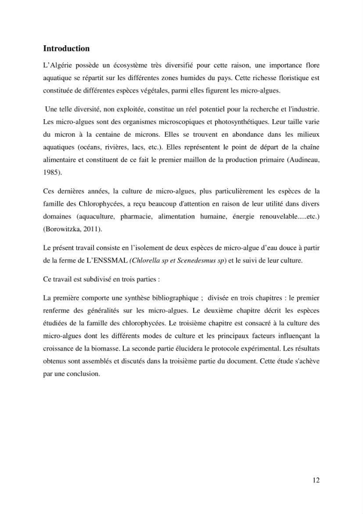 Contribution à la mise en culture des micro-algues ( Chlorella sp et Scenedemus sp): Identification, purification et culture en batch