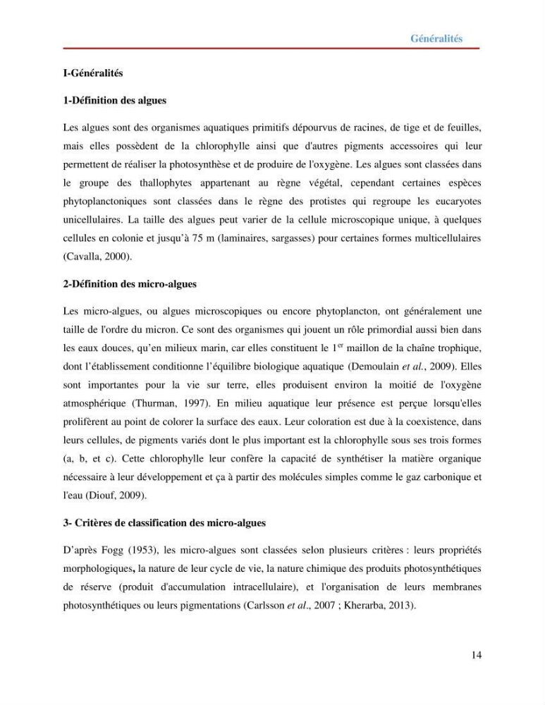 Contribution à la mise en culture des micro-algues ( Chlorella sp et Scenedemus sp): Identification, purification et culture en batch