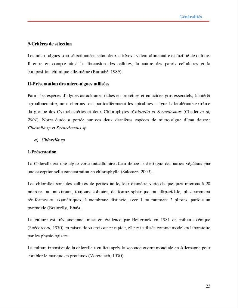 Contribution à la mise en culture des micro-algues ( Chlorella sp et Scenedemus sp): Identification, purification et culture en batch
